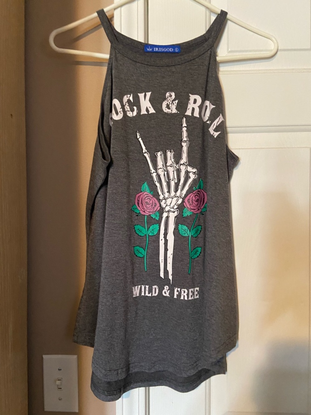 iris Charcoal Tank with Skeleton Hand and Rose Graphic